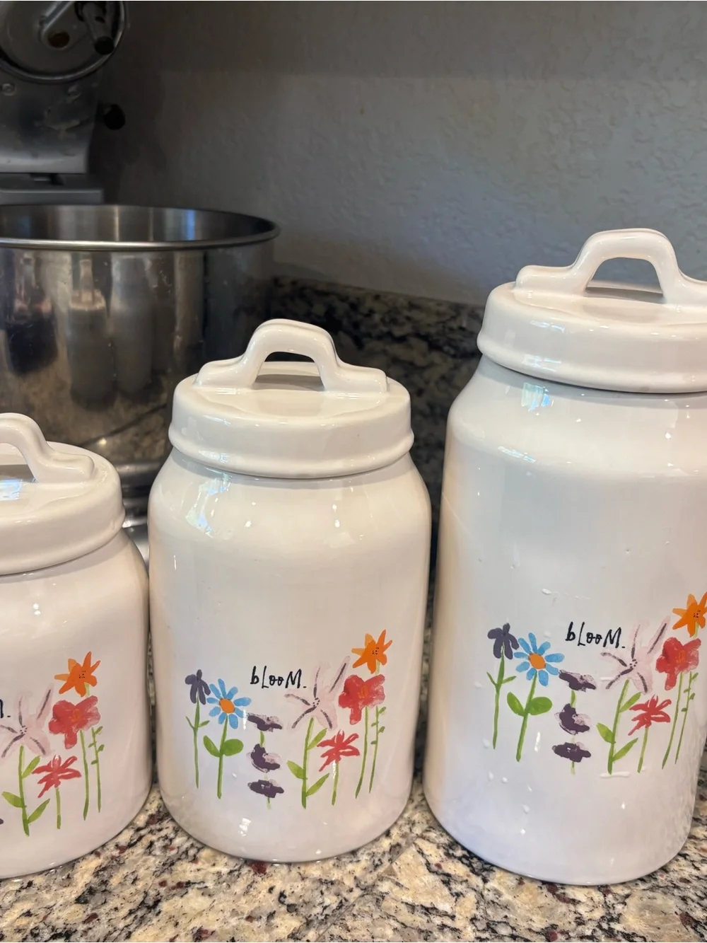 Rae Dunn White Ceramic Canister Set with Colorful Floral Bloom Design - 3 Piece